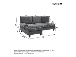 Sofá de canto moderno de 3 lugares - 194 x 118 x 81 cm - para sala de estar e quarto - tecido - cinza