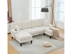 Sofá de canto moderno em formato de U com 4 lugares e 2 chaises longues - 250 x 130 x 88 cm - com estofamento e encosto - veludo - bege