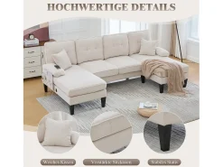 Sofá de canto moderno em formato de U com 4 lugares e 2 chaises longues - 250 x 130 x 88 cm - com estofamento e encosto - linho - bege