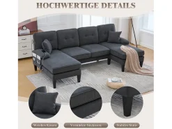 Sofá de canto moderno em formato de U com 4 lugares e 2 chaises longues - 250 x 130 x 88 cm - com estofamento e encosto - veludo - cinza