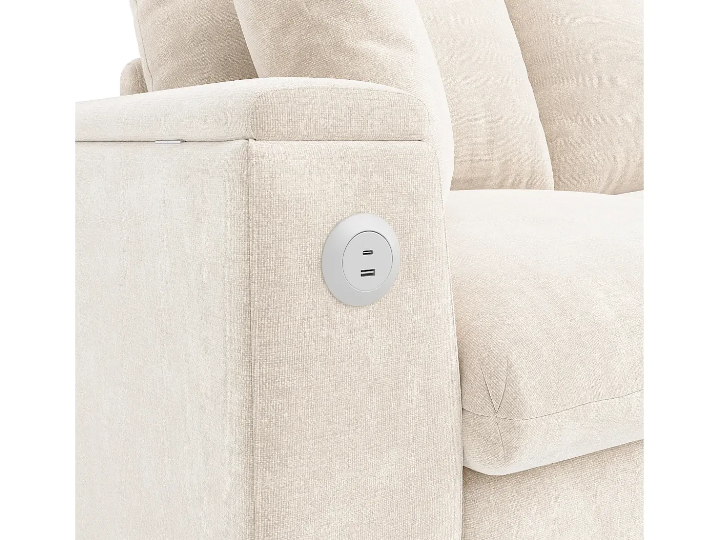 Sofá de canto moderno em L - com 2 porta-copos - 1 porta USB e 1 porta Tipo-C - com 2 braços com armazenamento - Tecido de pelúcia - Bege