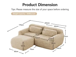 Sofá de Canto Modular 2 lugares em tecido peluche, com puff e 2 almofadas, 204x179x73cm, Caqui