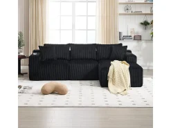 Sofá de Canto Modular 3 Lugares, de Veludo Cotelê, com Porta-copos, Almofadas e Bolsos Laterais, Chaise Longue 118cm, Preto