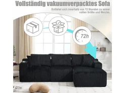 Sofá de Canto Modular 3 Lugares, de Veludo Cotelê, com Porta-copos, Almofadas e Bolsos Laterais, Chaise Longue 118cm, Preto