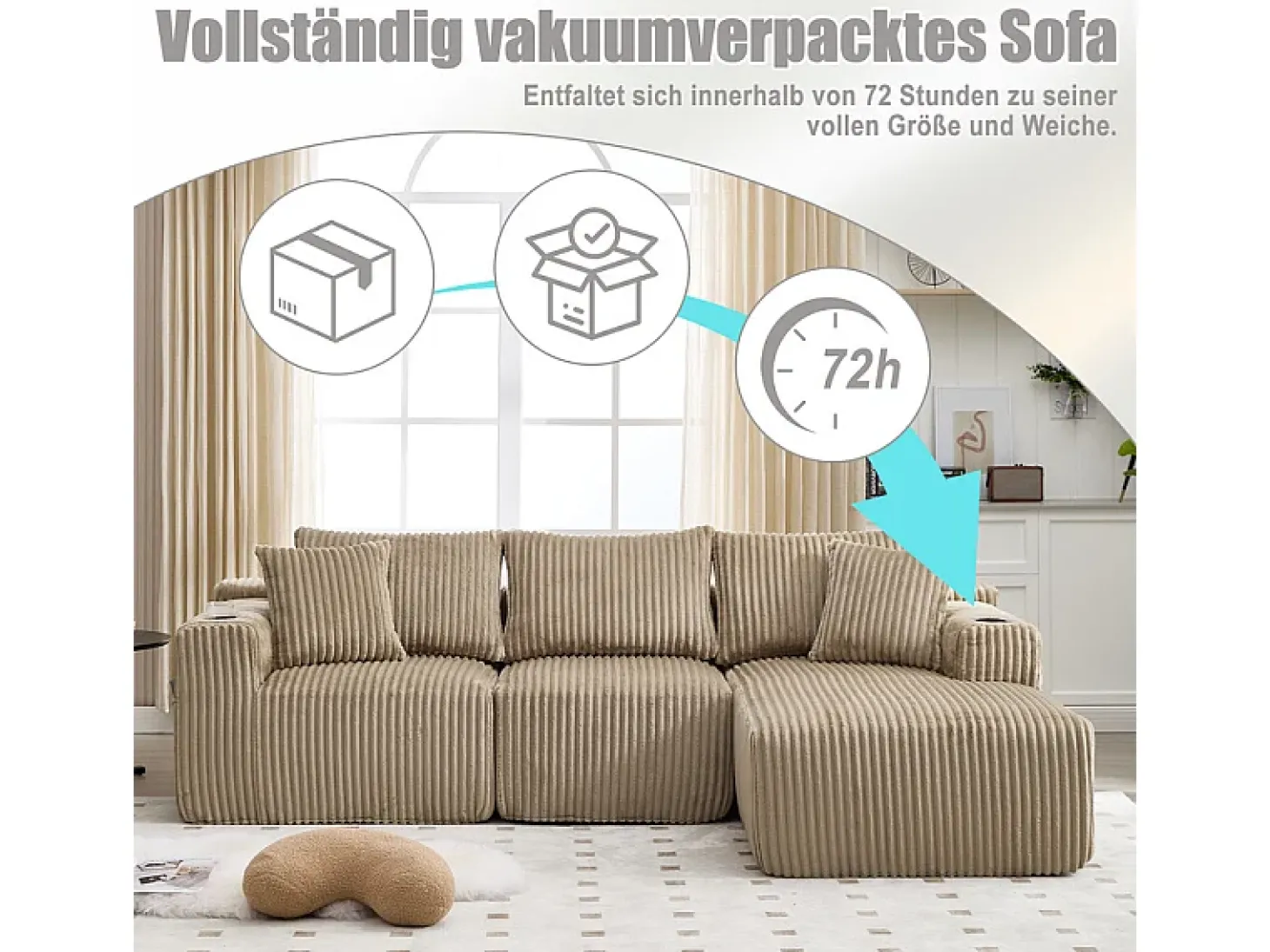 Sofá de Canto Modular 3 Lugares, de Veludo Cotelê, com Porta-copos, Almofadas e Bolsos Laterais, Chaise Longue 118cm, Caqui