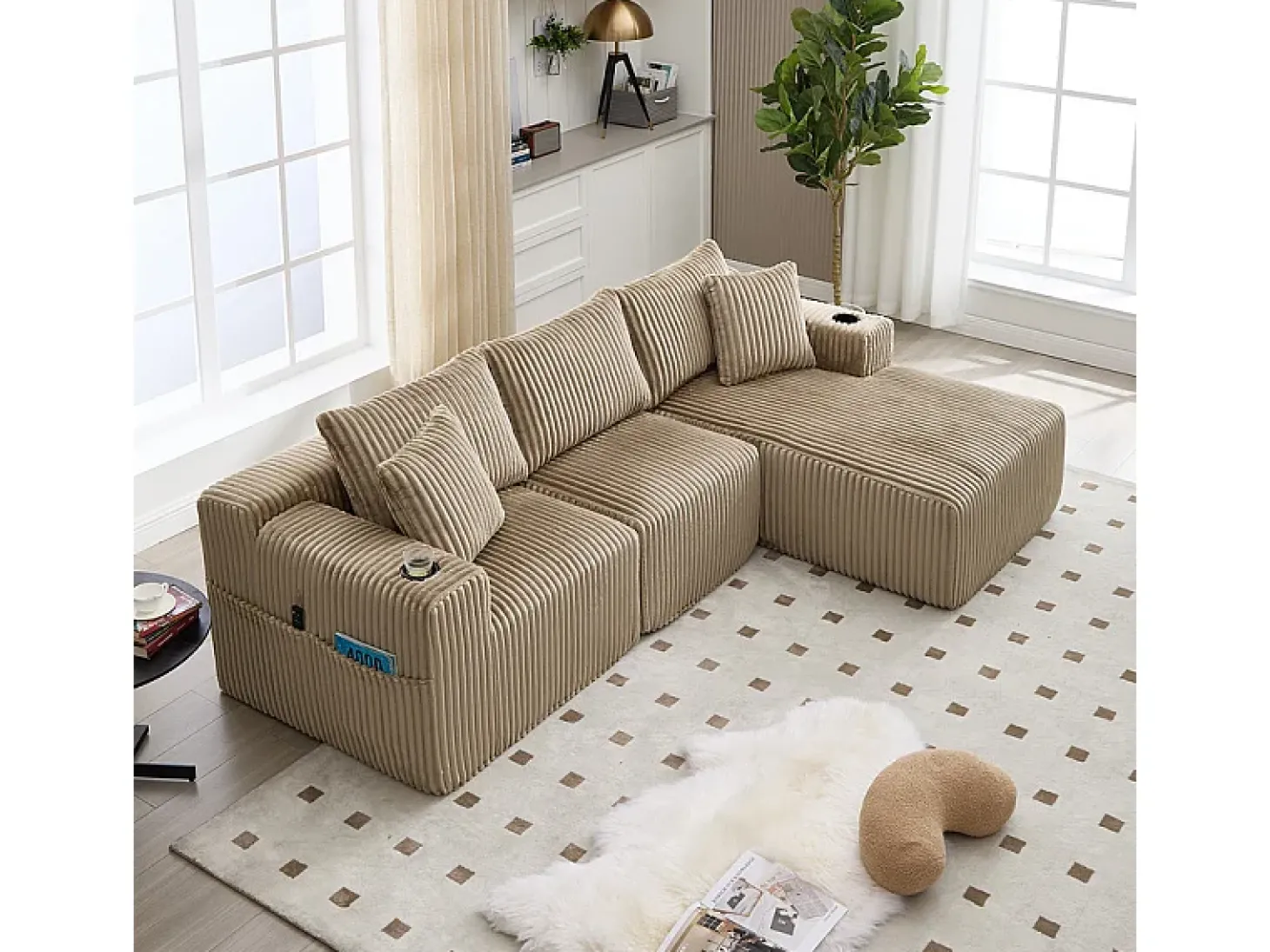 Sofá de Canto Modular 3 Lugares, de Veludo Cotelê, com Porta-copos, Almofadas e Bolsos Laterais, Chaise Longue 118cm, Caqui