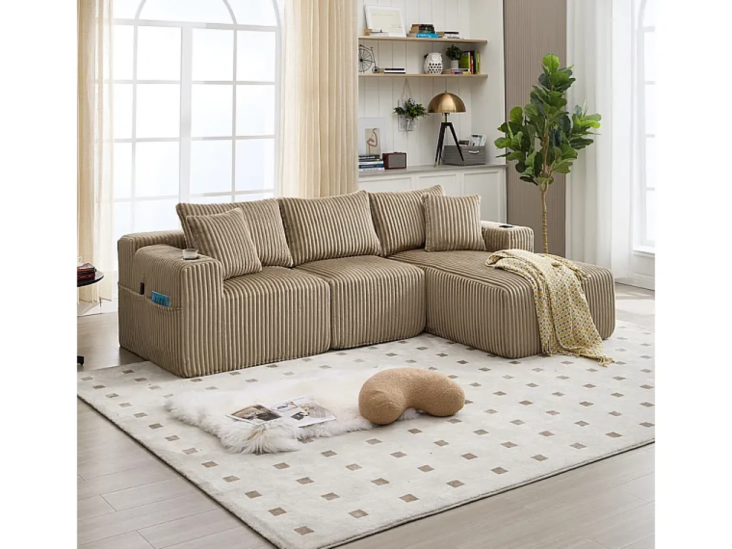 Sofá de Canto Modular 3 Lugares, de Veludo Cotelê, com Porta-copos, Almofadas e Bolsos Laterais, Chaise Longue 118cm, Caqui