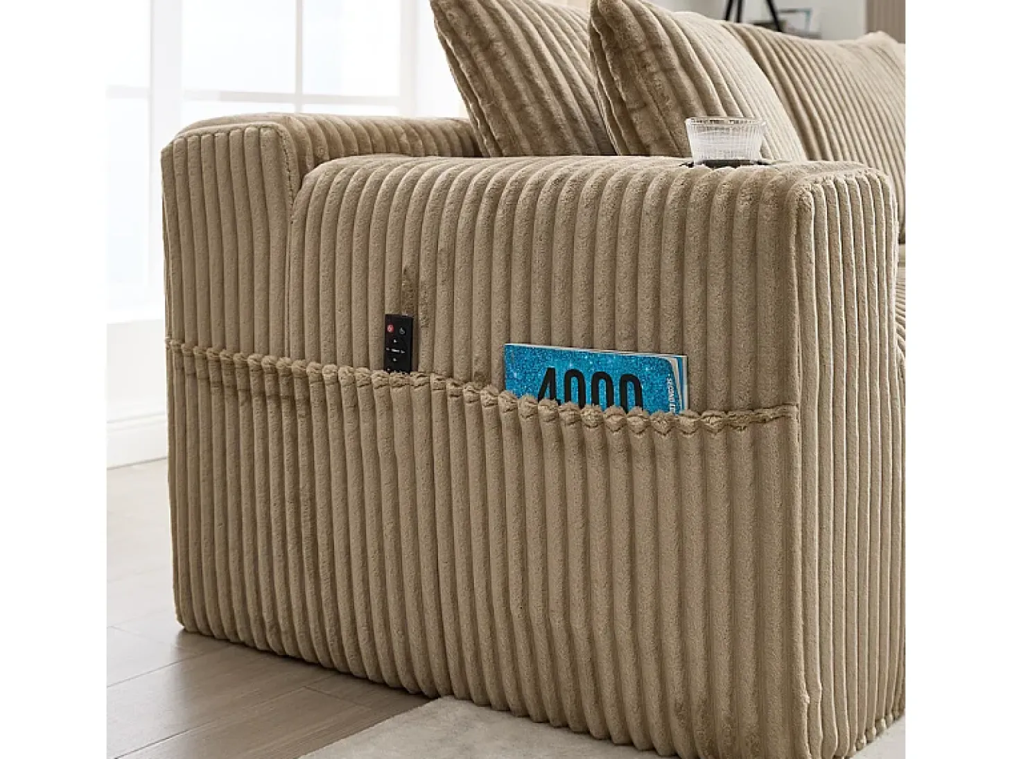 Sofá de Canto Modular 3 Lugares, de Veludo Cotelê, com Porta-copos, Almofadas e Bolsos Laterais, Chaise Longue 118cm, Caqui