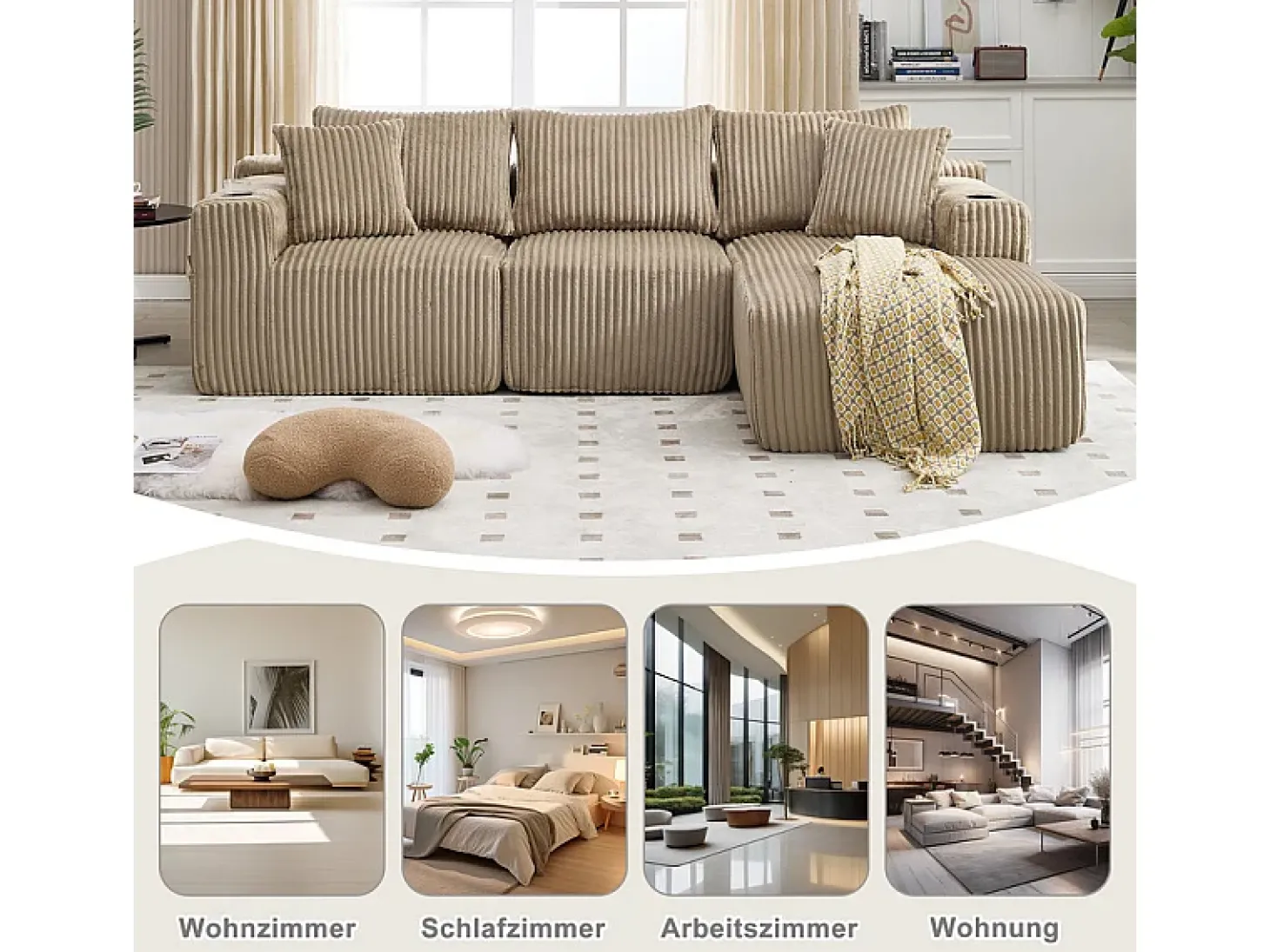 Sofá de Canto Modular 3 Lugares, de Veludo Cotelê, com Porta-copos, Almofadas e Bolsos Laterais, Chaise Longue 118cm, Caqui