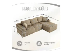 Sofá de Canto Modular 3 Lugares, de Veludo Cotelê, com Porta-copos, Almofadas e Bolsos Laterais, Chaise Longue 118cm, Caqui