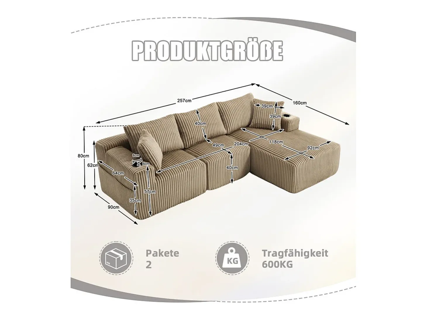 Sofá de Canto Modular 3 Lugares, de Veludo Cotelê, com Porta-copos, Almofadas e Bolsos Laterais, Chaise Longue 118cm, Caqui