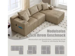 Sofá de Canto Modular 3 Lugares, de Veludo Cotelê, com Porta-copos, Almofadas e Bolsos Laterais, Chaise Longue 118cm, Caqui