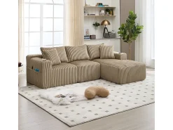 Sofá de Canto Modular 3 Lugares, de Veludo Cotelê, com Porta-copos, Almofadas e Bolsos Laterais, Chaise Longue 118cm, Caqui
