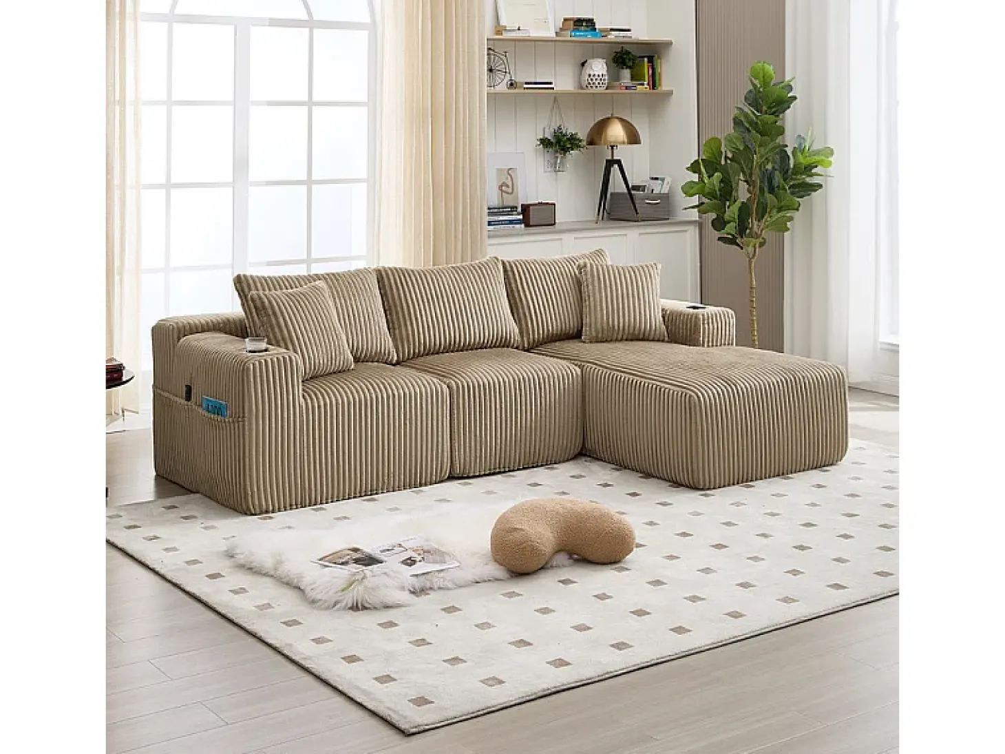 Sofá de Canto Modular 3 Lugares, de Veludo Cotelê, com Porta-copos, Almofadas e Bolsos Laterais, Chaise Longue 118cm, Caqui