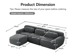 Sofá de Canto Modular 3 lugares em tecido peluche, com puff e 3 almofadas, 291x179x73cm, Cinza