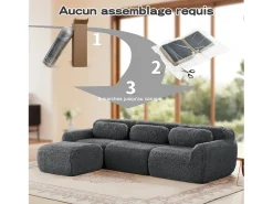 Sofá de Canto Modular 3 lugares em tecido peluche, com puff e 3 almofadas, 291x179x73cm, Cinza