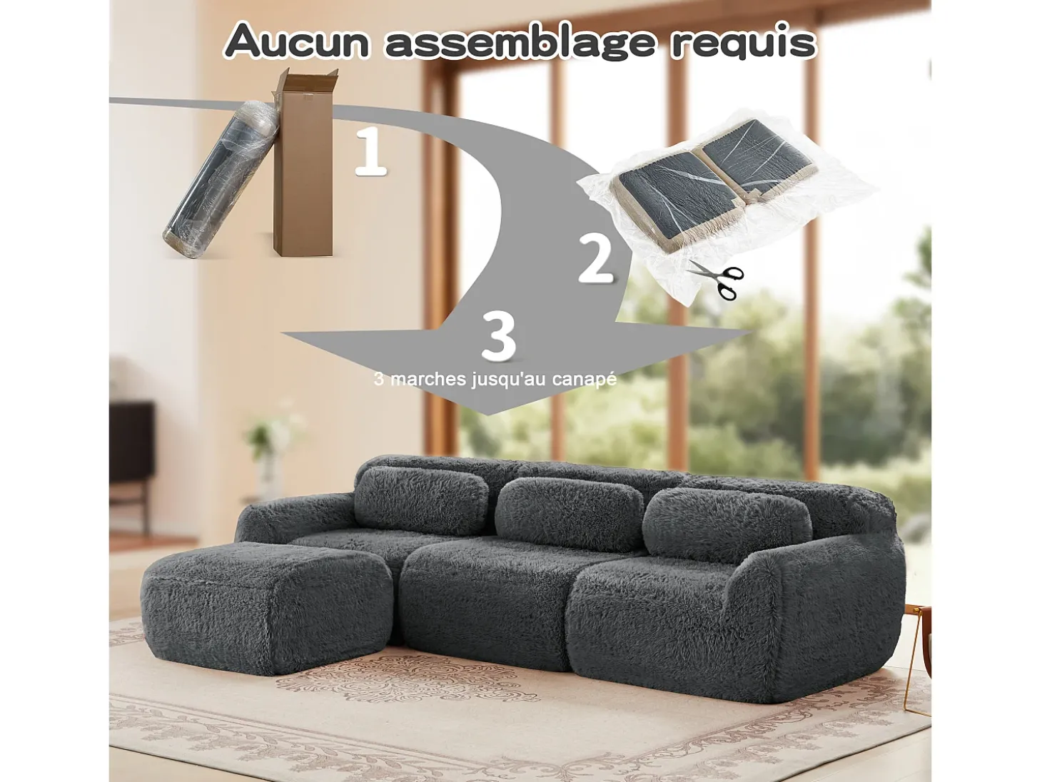 Sofá de Canto Modular 3 lugares em tecido peluche, com puff e 3 almofadas, 291x179x73cm, Cinza