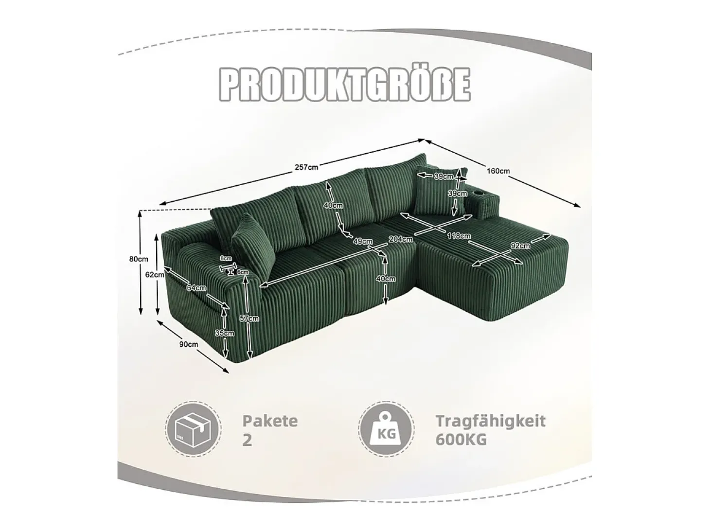 Sofá de Canto Modular 3 Lugares, de Veludo Cotelê, com Porta-copos, Almofadas e Bolsos Laterais, Chaise Longue 118cm, Verde