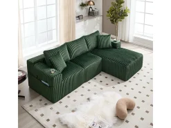 Sofá de Canto Modular 3 Lugares, de Veludo Cotelê, com Porta-copos, Almofadas e Bolsos Laterais, Chaise Longue 118cm, Verde