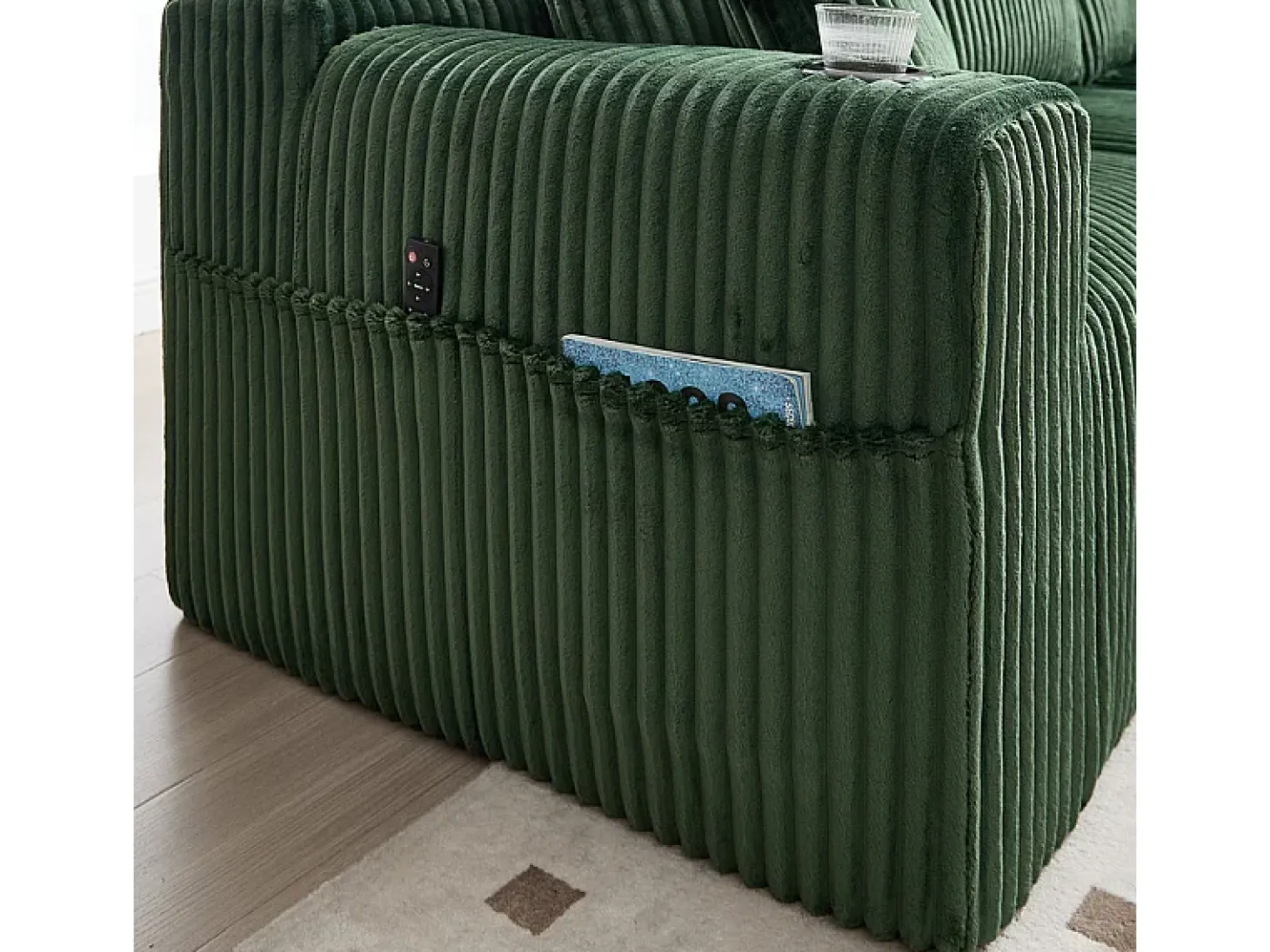 Sofá de Canto Modular 3 Lugares, de Veludo Cotelê, com Porta-copos, Almofadas e Bolsos Laterais, Chaise Longue 118cm, Verde