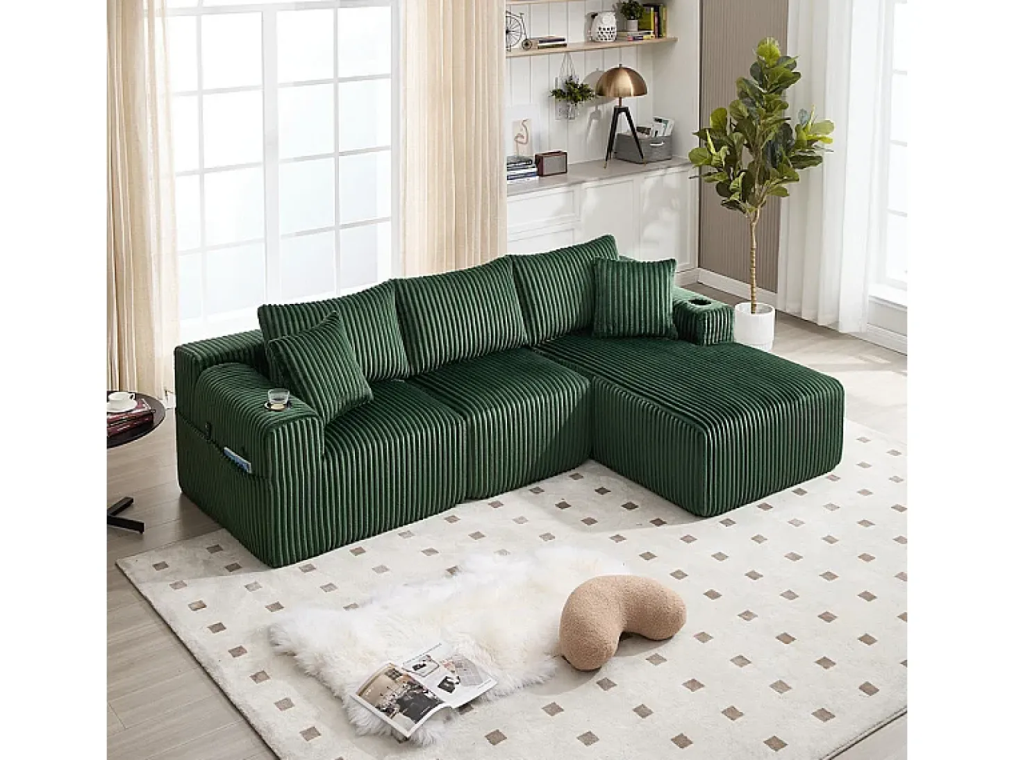 Sofá de Canto Modular 3 Lugares, de Veludo Cotelê, com Porta-copos, Almofadas e Bolsos Laterais, Chaise Longue 118cm, Verde