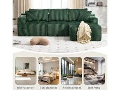 Sofá de Canto Modular 3 Lugares, de Veludo Cotelê, com Porta-copos, Almofadas e Bolsos Laterais, Chaise Longue 118cm, Verde