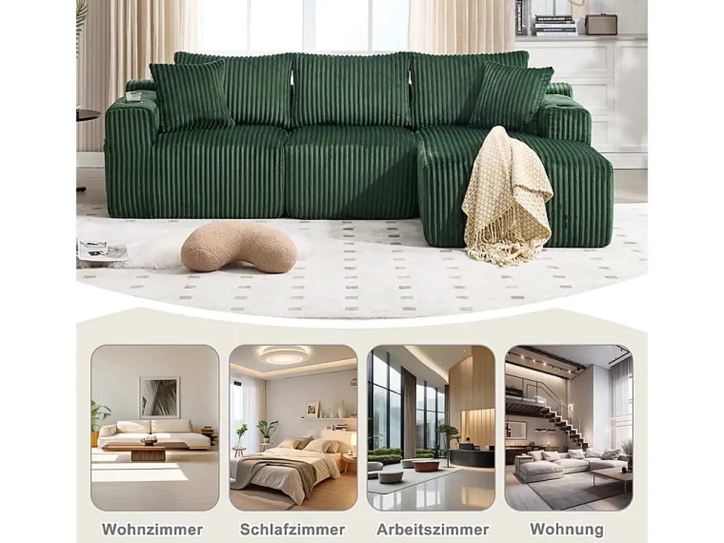 Sofá de Canto Modular 3 Lugares, de Veludo Cotelê, com Porta-copos, Almofadas e Bolsos Laterais, Chaise Longue 118cm, Verde
