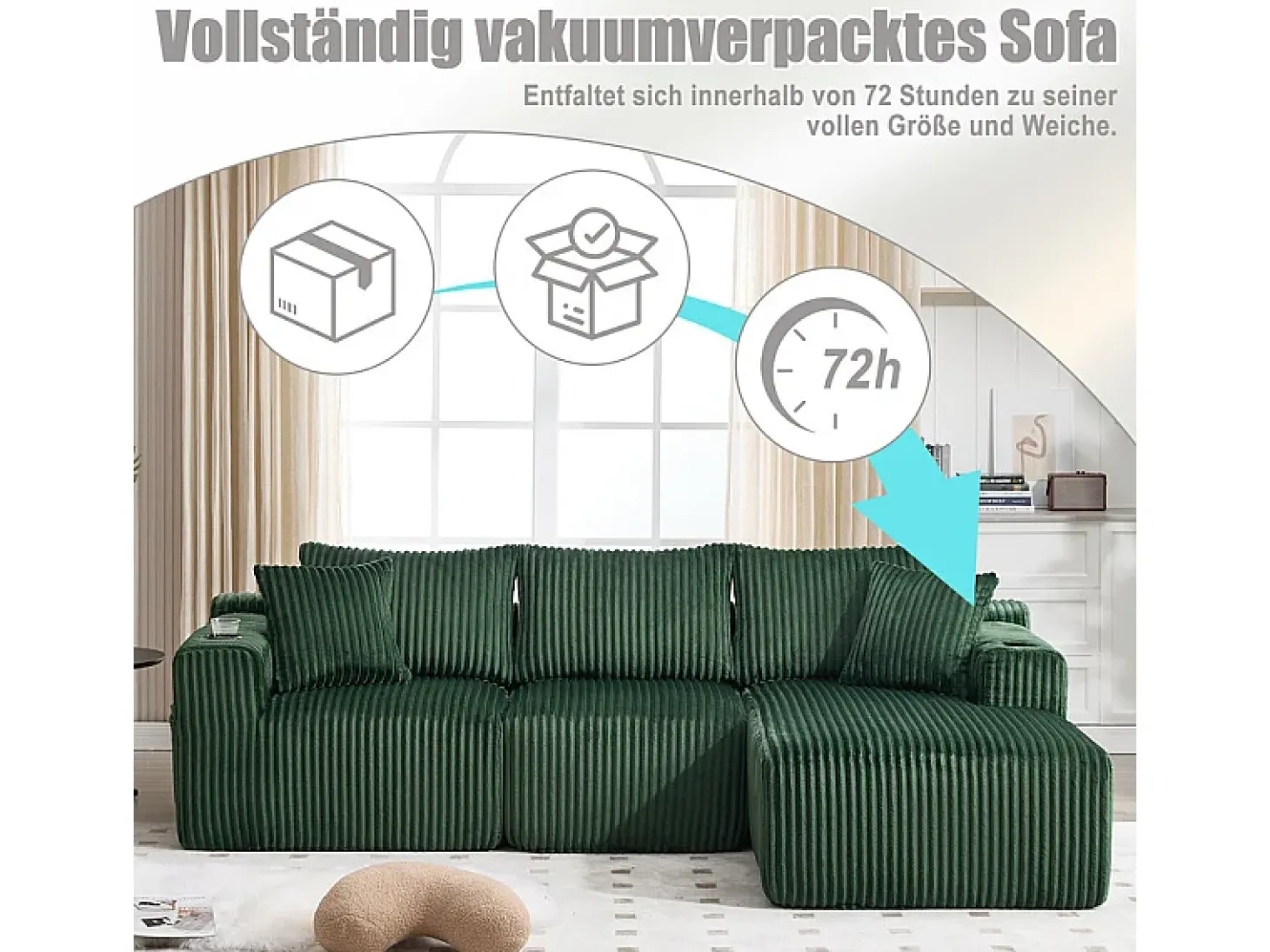 Sofá de Canto Modular 3 Lugares, de Veludo Cotelê, com Porta-copos, Almofadas e Bolsos Laterais, Chaise Longue 118cm, Verde