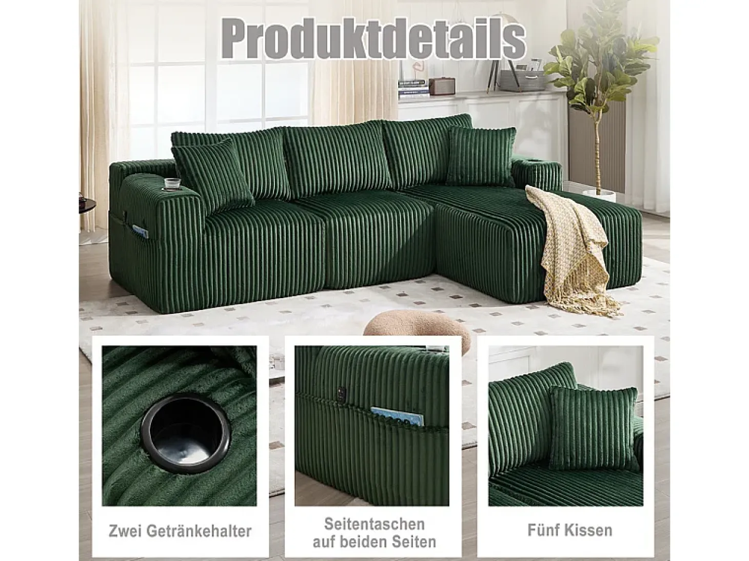Sofá de Canto Modular 3 Lugares, de Veludo Cotelê, com Porta-copos, Almofadas e Bolsos Laterais, Chaise Longue 118cm, Verde