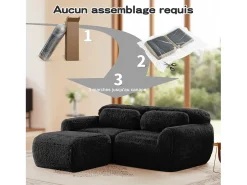 Sofá de Canto Modular 2 lugares em tecido peluche, com puff e 2 almofadas, 204x179x73cm, Preto