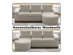Sofá de Canto Modular 3 Lugares, com Chaise Longue Curva Reversível, 3 Almofadas e Almofadas Cervicais, Tecido Chenille, Bege
