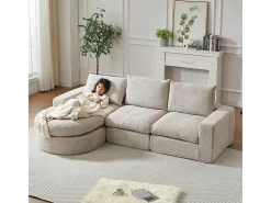 Sofá de Canto Modular 3 Lugares, com Chaise Longue Curva Reversível, 3 Almofadas e Almofadas Cervicais, Tecido Chenille, Bege