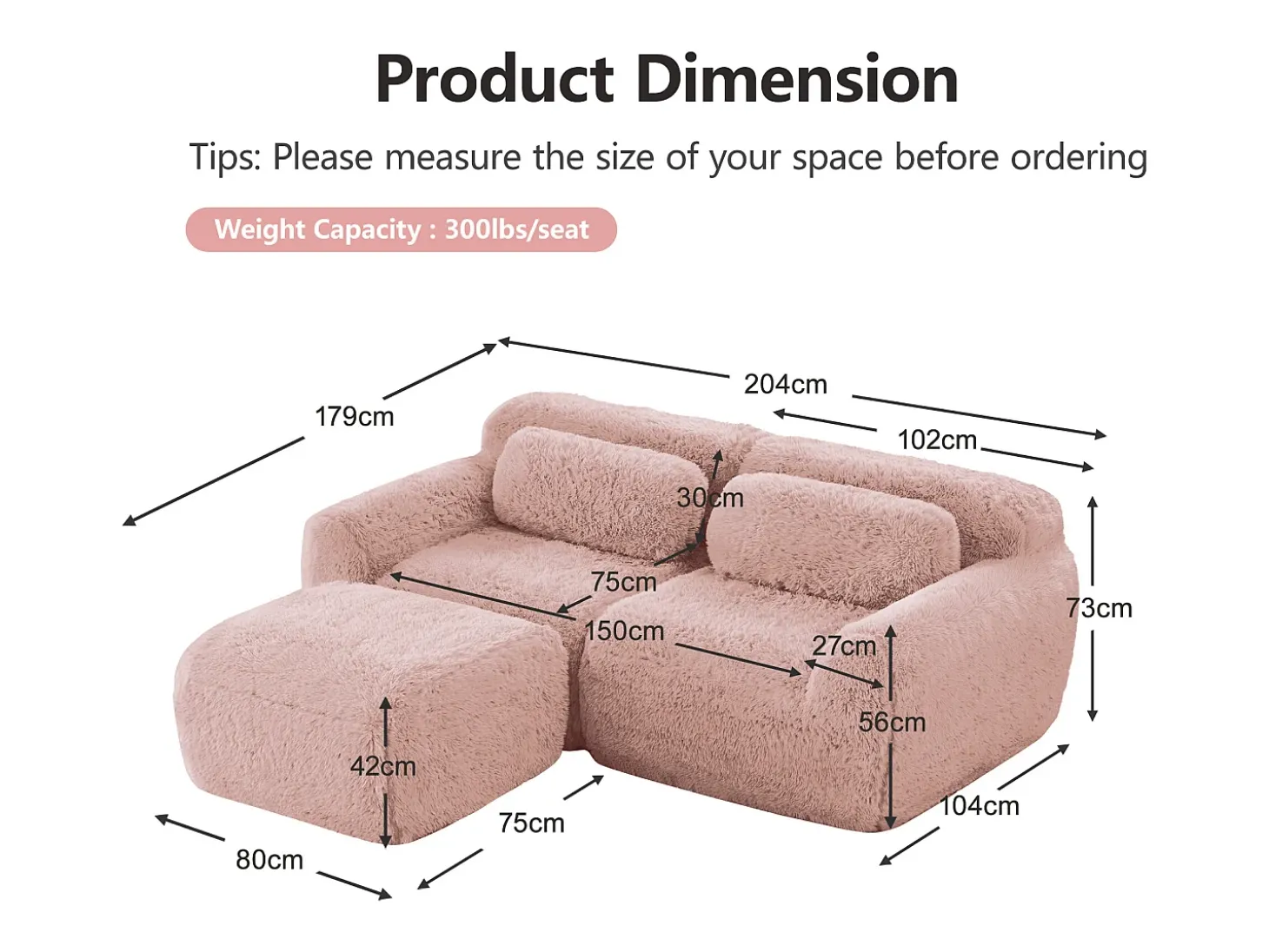 Sofá de Canto Modular 2 lugares em tecido peluche, com puff e 2 almofadas, 204x179x73cm, Rosa