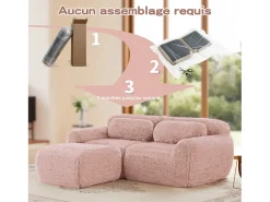 Sofá de Canto Modular 2 lugares em tecido peluche, com puff e 2 almofadas, 204x179x73cm, Rosa
