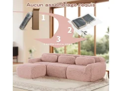 Sofá de Canto Modular 3 lugares em tecido peluche, com puff e 3 almofadas, 291x179x73cm, Rosa