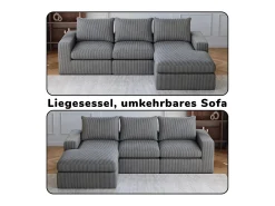 Sofá de Canto Modular 3 Lugares, de Veludo Cotelê, com Chaise Longue Reversível, 3 Almofadas e Almofadas Cervicais, Cinza Antracito