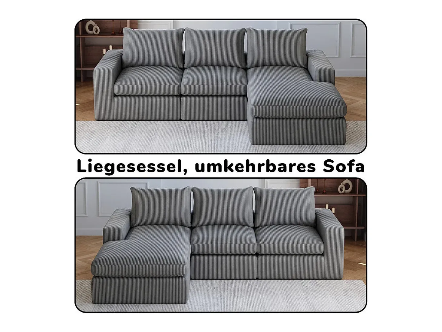 Sofá de Canto Modular 3 Lugares, de Veludo Cotelê, com Chaise Longue Reversível, 3 Almofadas e Almofadas Cervicais, Cinza Antracito