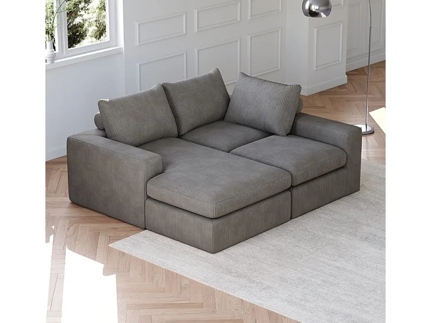 Sofá de Canto Modular 3 Lugares, de Veludo Cotelê, com Chaise Longue Reversível, 3 Almofadas e Almofadas Cervicais, Cinza Antracito