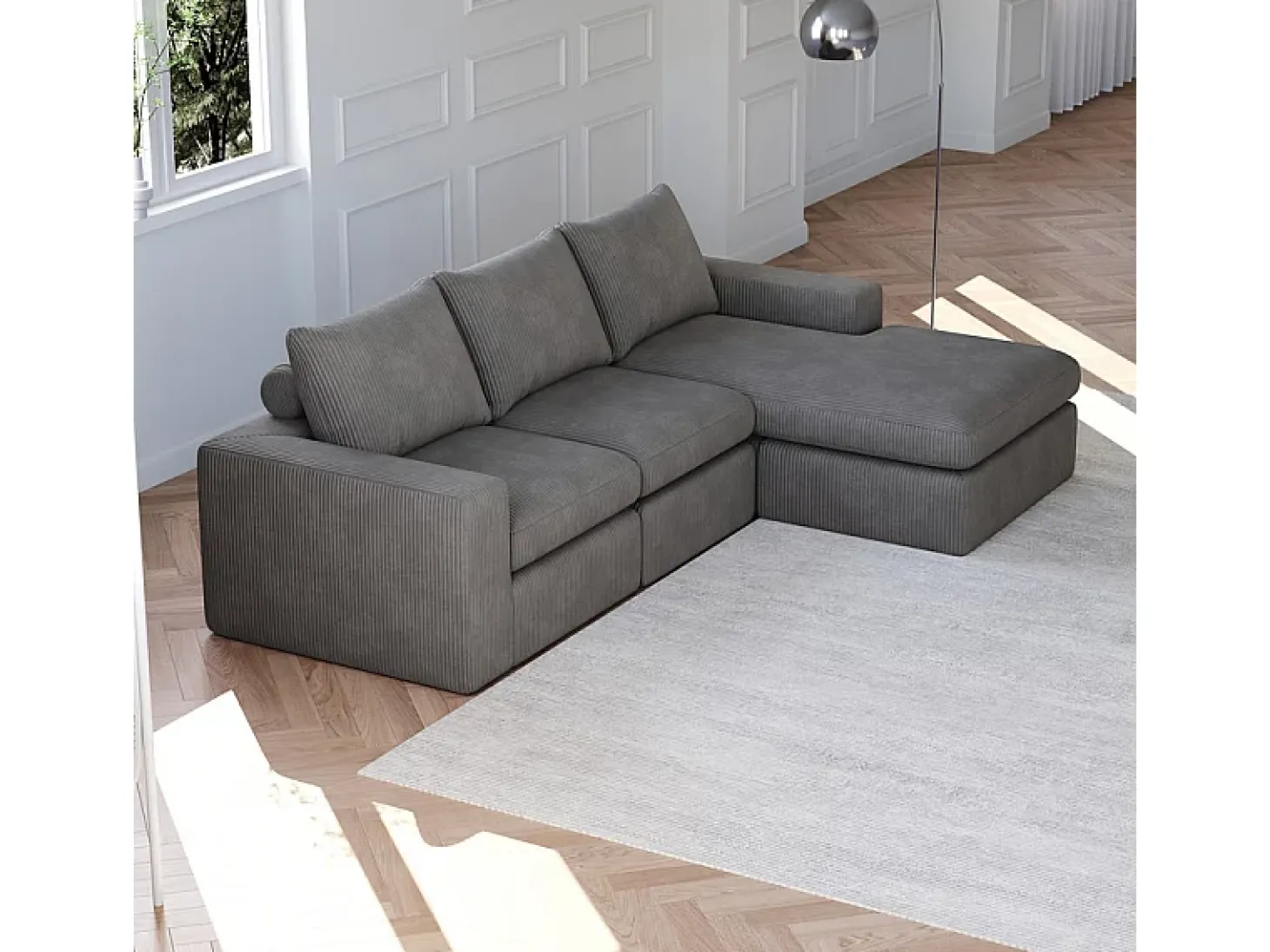 Sofá de Canto Modular 3 Lugares, de Veludo Cotelê, com Chaise Longue Reversível, 3 Almofadas e Almofadas Cervicais, Cinza Antracito