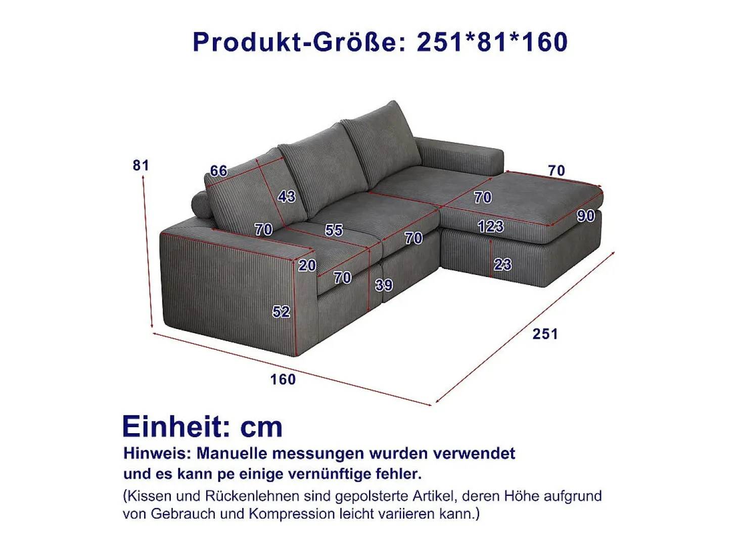 Sofá de Canto Modular 3 Lugares, de Veludo Cotelê, com Chaise Longue Reversível, 3 Almofadas e Almofadas Cervicais, Cinza Antracito