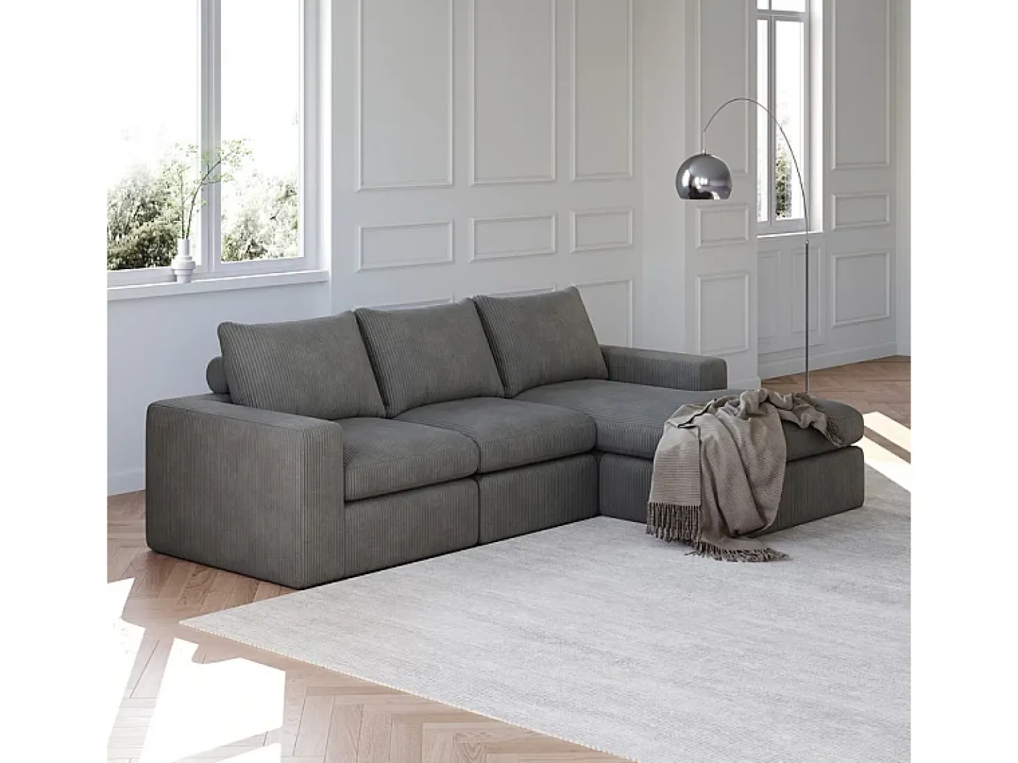 Sofá de Canto Modular 3 Lugares, de Veludo Cotelê, com Chaise Longue Reversível, 3 Almofadas e Almofadas Cervicais, Cinza Antracito