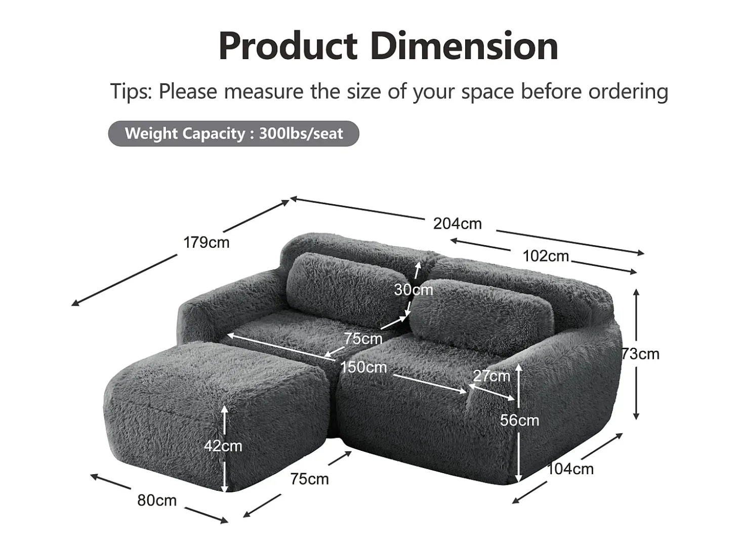 Sofá de Canto Modular 2 lugares em tecido peluche, com puff e 2 almofadas, 204x179x73cm, Cinza