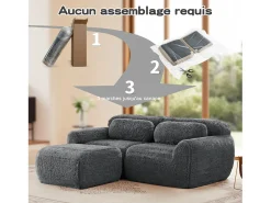 Sofá de Canto Modular 2 lugares em tecido peluche, com puff e 2 almofadas, 204x179x73cm, Cinza
