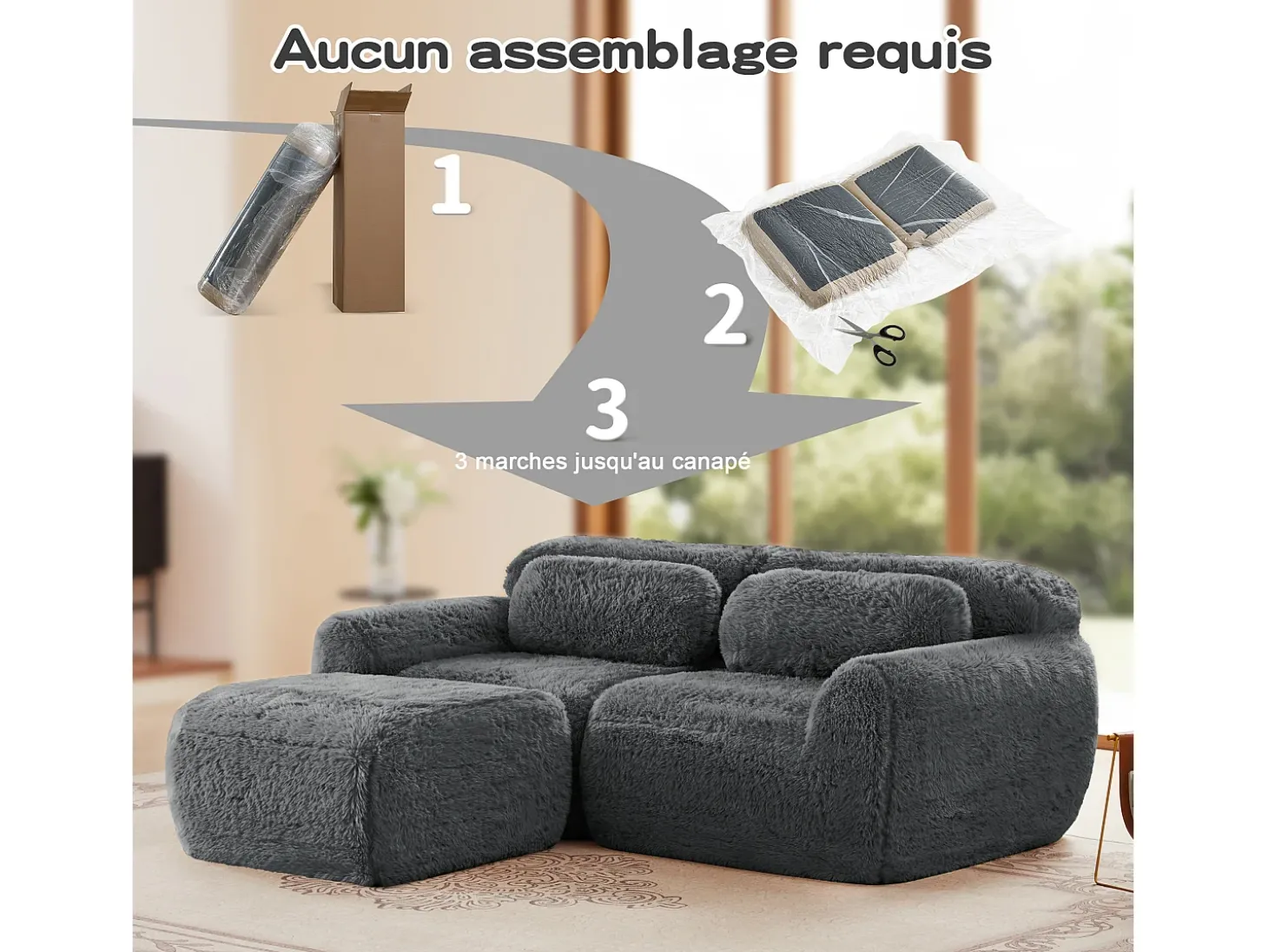 Sofá de Canto Modular 2 lugares em tecido peluche, com puff e 2 almofadas, 204x179x73cm, Cinza