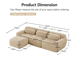 Sofá de Canto Modular 3 lugares em tecido peluche, com puff e 3 almofadas, 291x179x73cm, Caqui