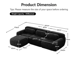 Sofá de Canto Modular 3 lugares em tecido peluche, com puff e 3 almofadas, 291x179x73cm, Preto