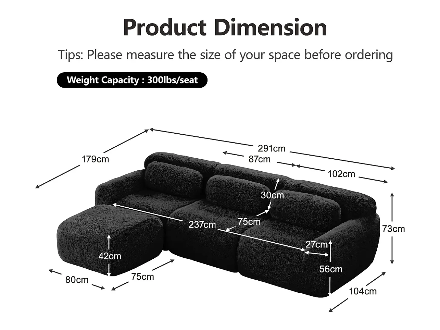 Sofá de Canto Modular 3 lugares em tecido peluche, com puff e 3 almofadas, 291x179x73cm, Preto