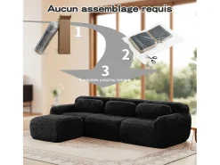 Sofá de Canto Modular 3 lugares em tecido peluche, com puff e 3 almofadas, 291x179x73cm, Preto