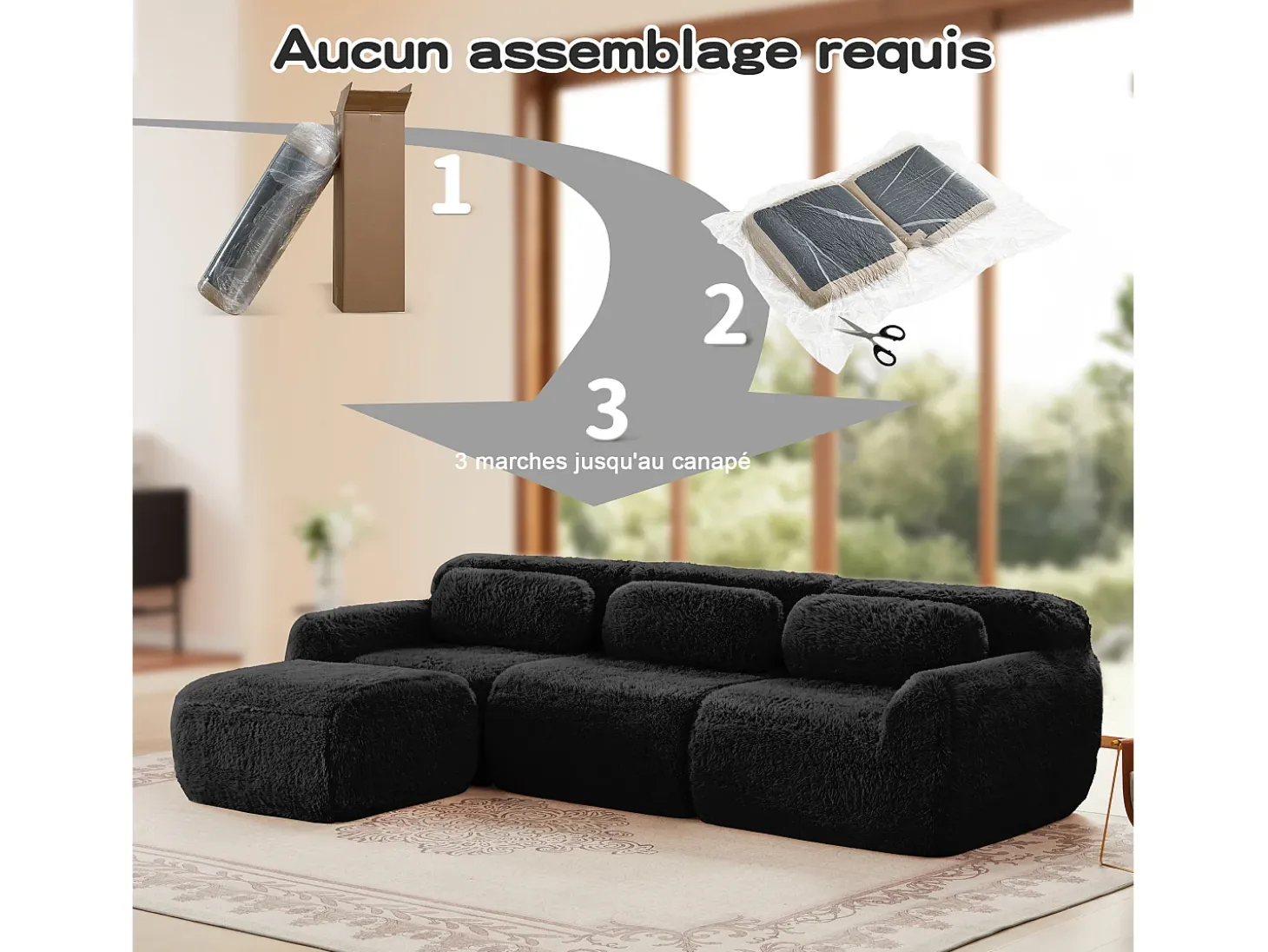 Sofá de Canto Modular 3 lugares em tecido peluche, com puff e 3 almofadas, 291x179x73cm, Preto