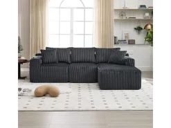 Sofá de Canto Modular 3 Lugares, de Veludo Cotelê, com Porta-copos, Almofadas e Bolsos Laterais, Chaise Longue 118cm, Cinza